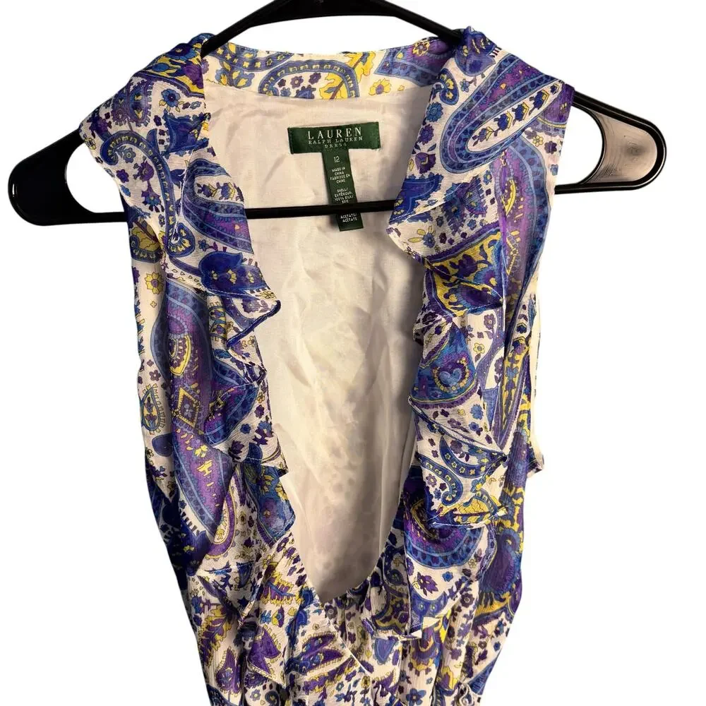 Lauren Ralph Lauren Silk Paisley Wrap Dress Size 12 Ruffle V-Neck Blue Purple - Picture 4 of 7